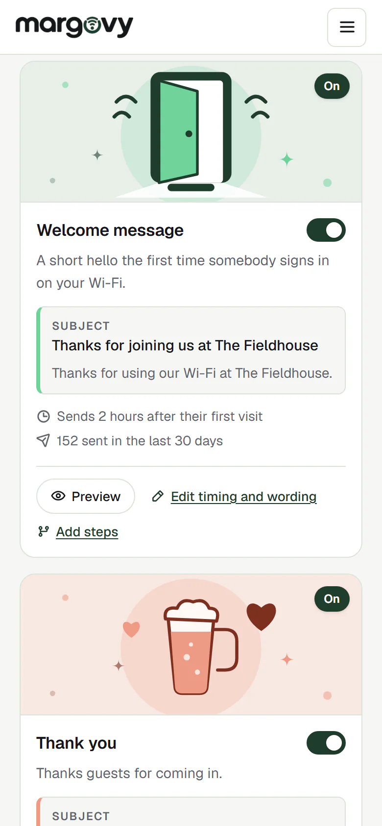 The Margovy automations page for an example venue: the emails that send themselves, shown as cards with each email’s subject, when it goes out and how many have been sent.