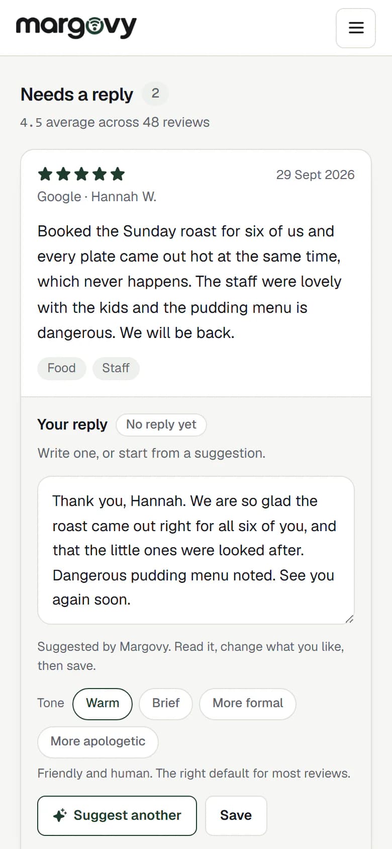 The Margovy reviews page: a five-star Google review with a suggested reply the owner can read, change and save, and a choice of tone for the wording.