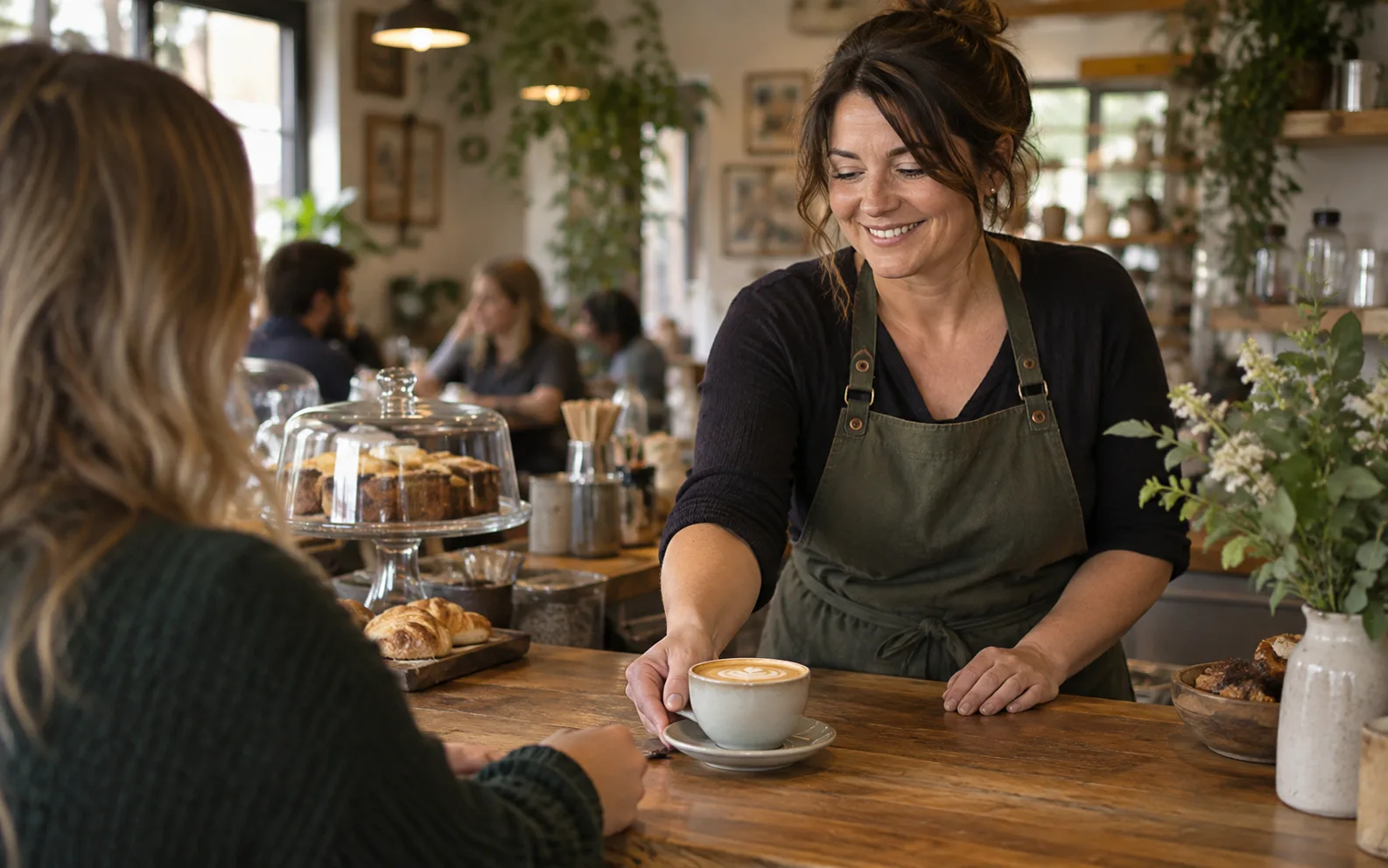 A café owner welcoming a guest