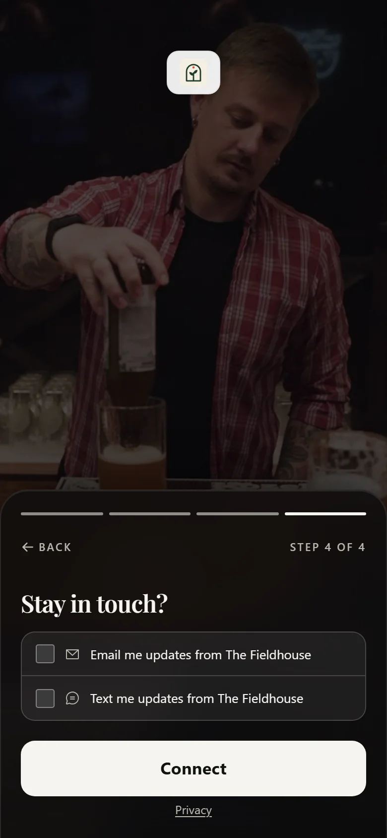 An example venue’s Wi-Fi sign-in page on a phone, played through: the welcome, a question asking for an email address, two unticked choices about hearing from the venue, and the page of links, with a bartender pouring a drink behind them all.