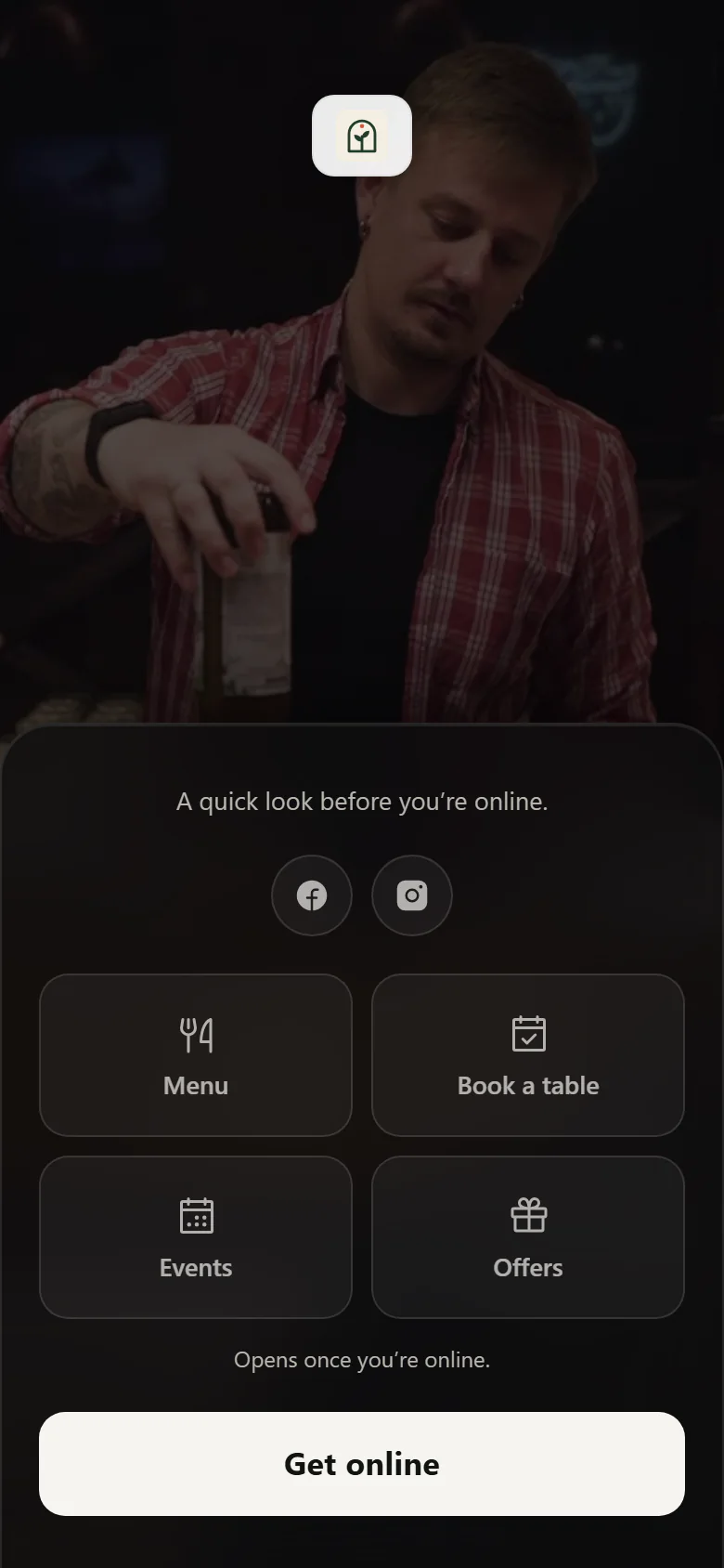 The last step before a guest is online: the venue’s menu, booking, events and offers links, and a Get online button.