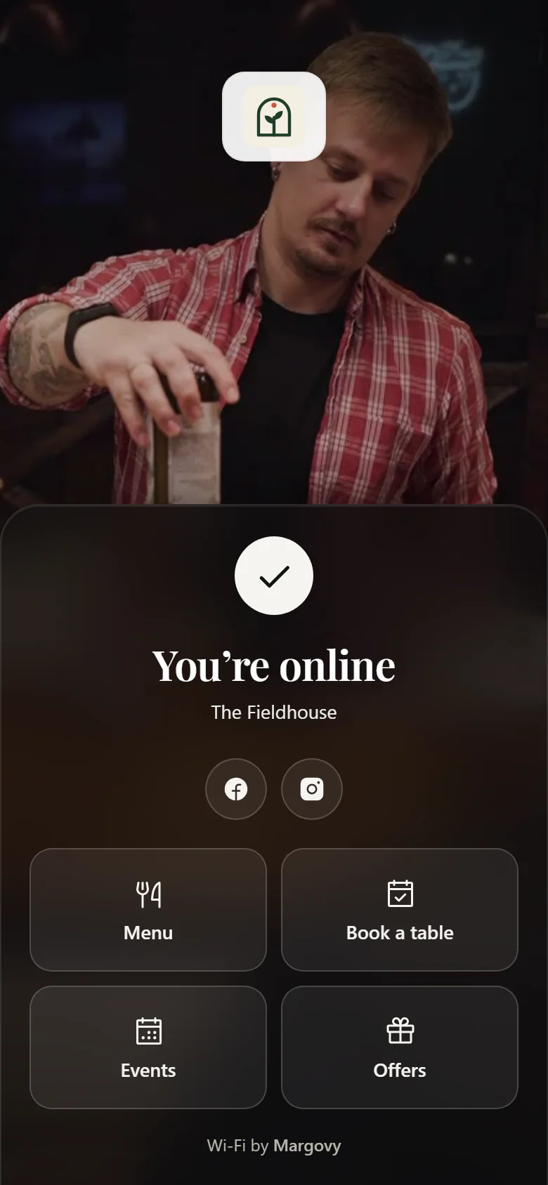 An example venue’s welcome page on a phone, shown once a guest is online: links to its social accounts and tiles for menu, booking, events and offers.